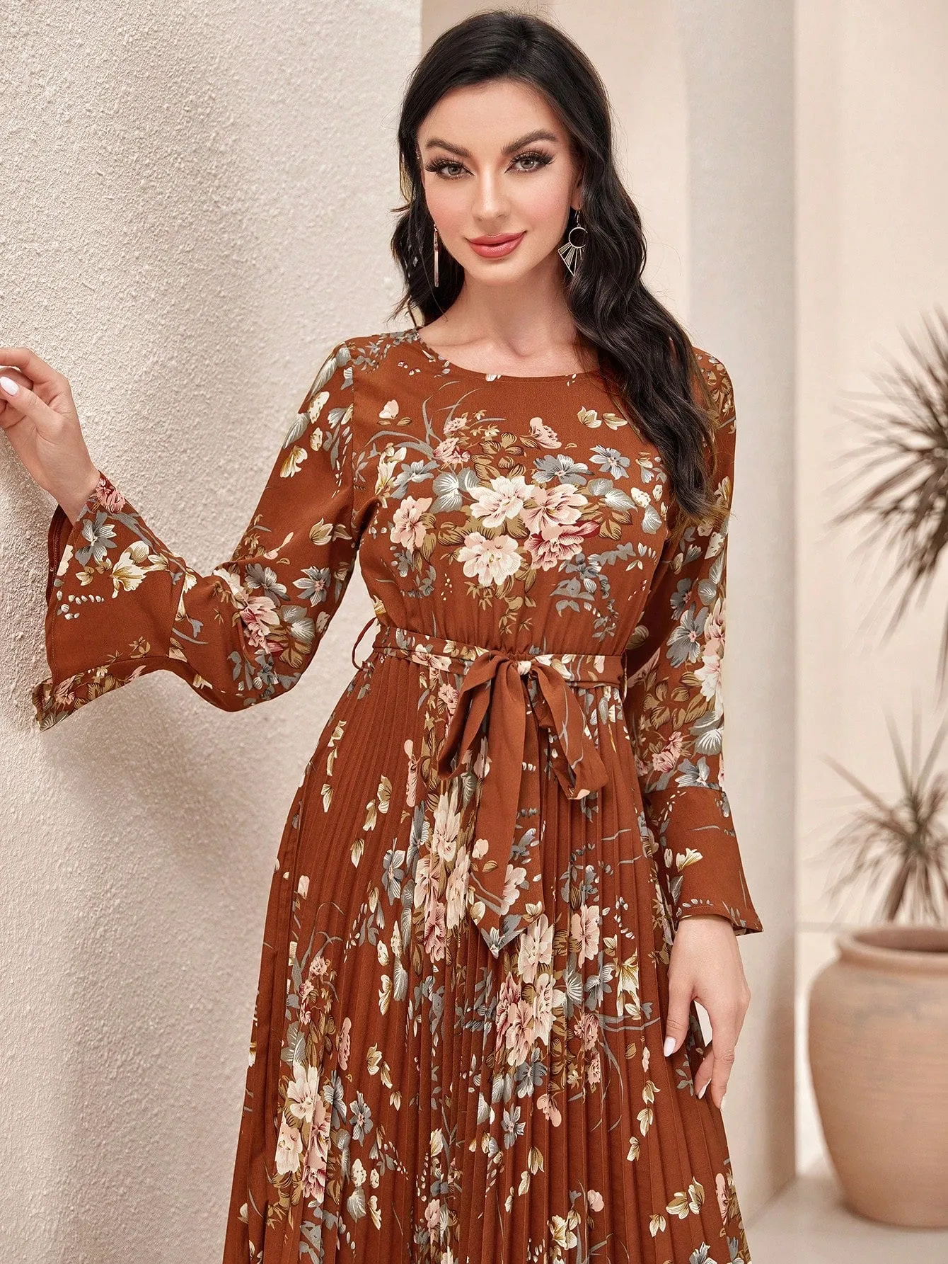 Modely Floral Print Flounce Sleeve Pleated Hem Belted Dress
