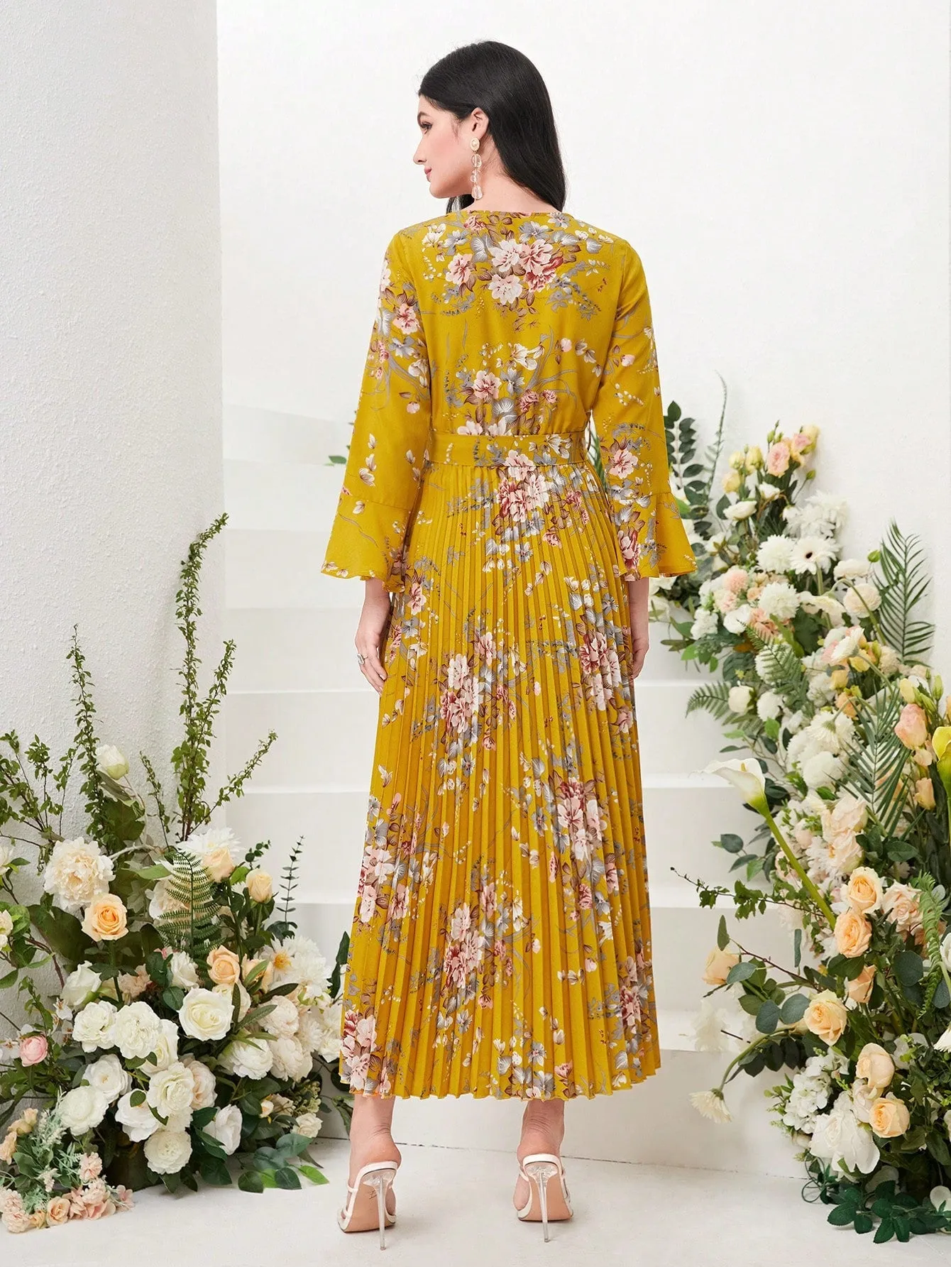 Modely Floral Print Flounce Sleeve Pleated Hem Belted Dress