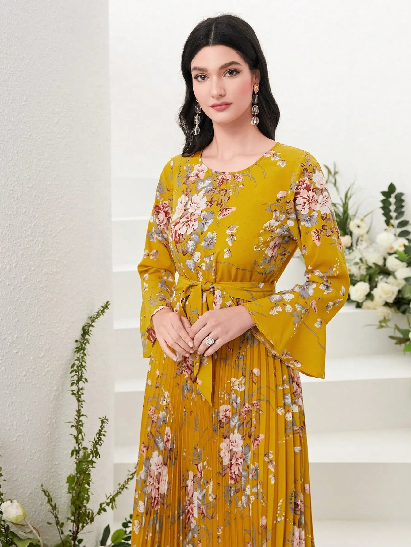Modely Floral Print Flounce Sleeve Pleated Hem Belted Dress