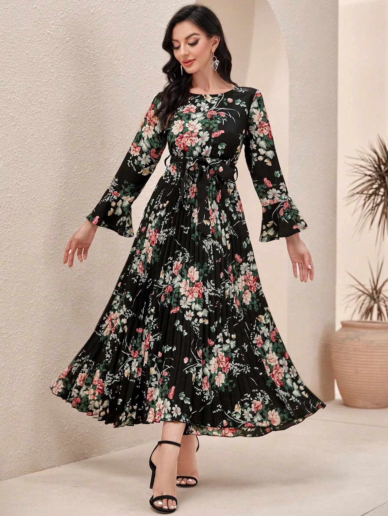 Modely Floral Print Flounce Sleeve Pleated Hem Belted Dress