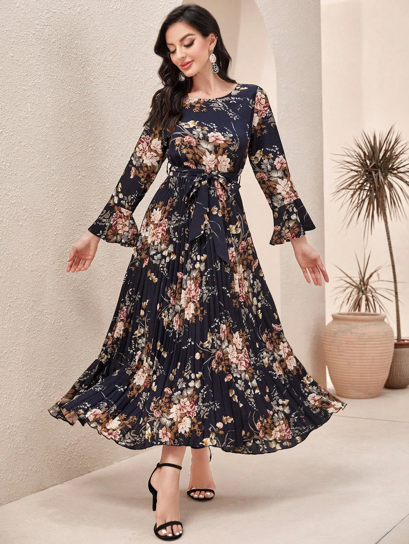 Modely Floral Print Flounce Sleeve Pleated Hem Belted Dress