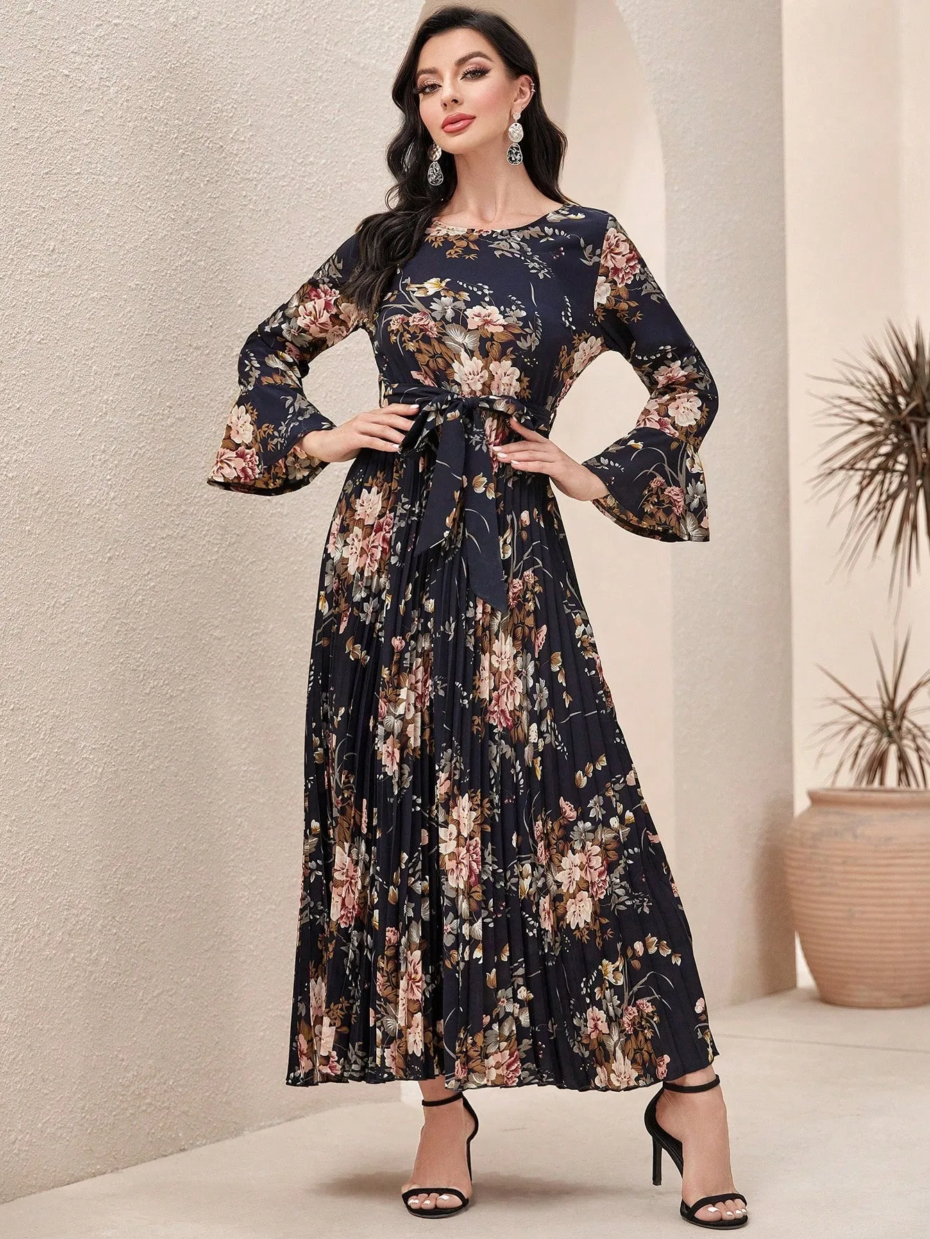 Modely Floral Print Flounce Sleeve Pleated Hem Belted Dress