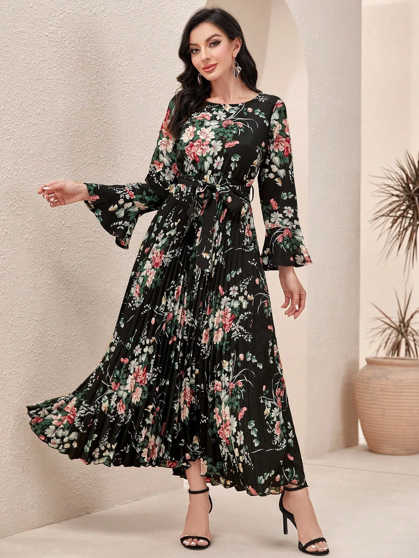 Modely Floral Print Flounce Sleeve Pleated Hem Belted Dress