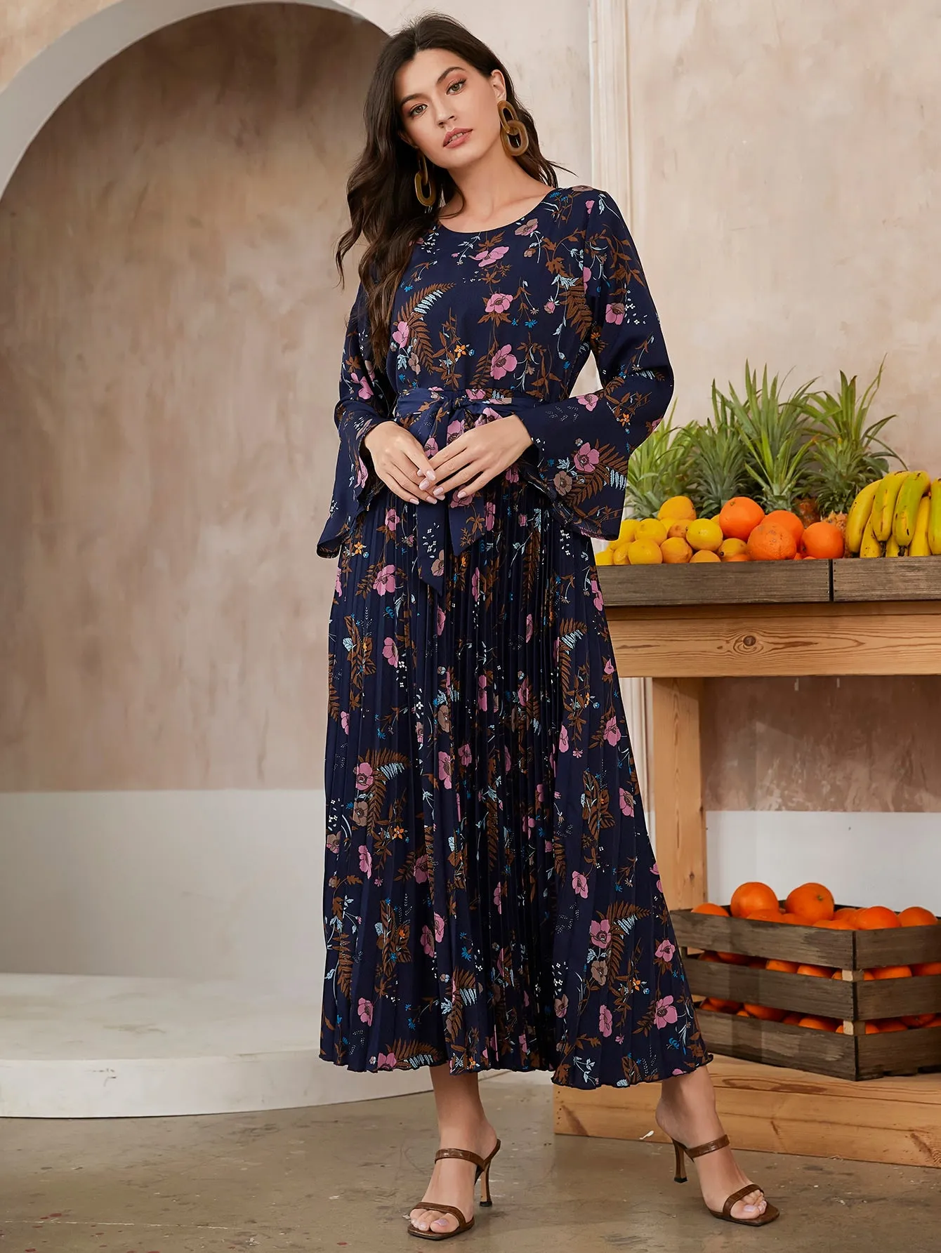Modely Floral Print Flounce Sleeve Pleated Hem Belted Dress