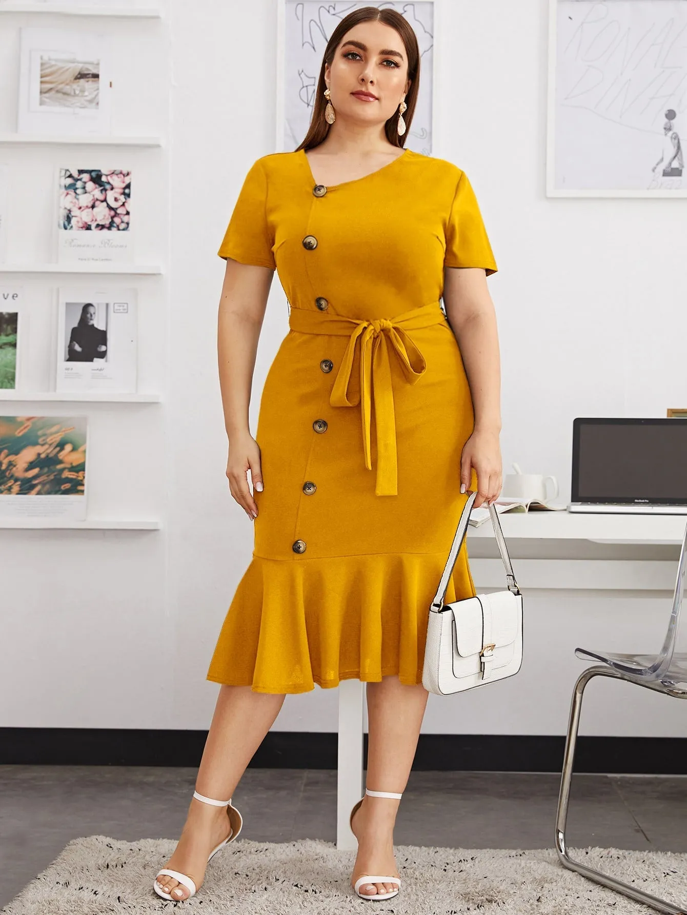 Modely Plus Size Button Front Mermaid Hem Belted Dress