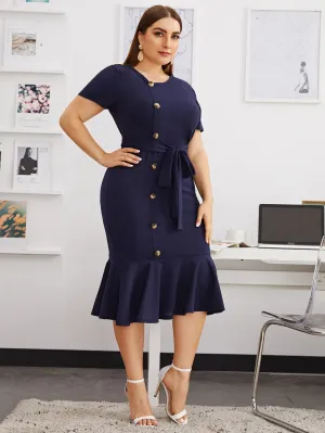 Modely Plus Size Button Front Mermaid Hem Belted Dress