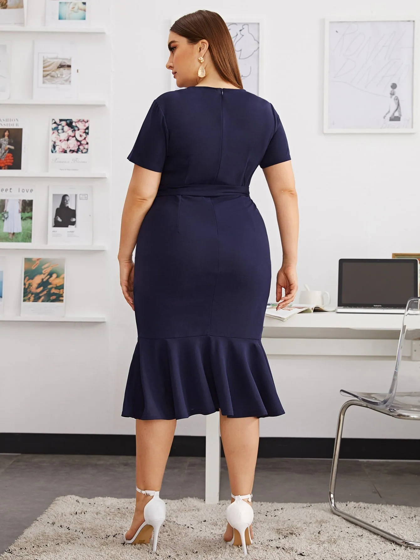 Modely Plus Size Button Front Mermaid Hem Belted Dress