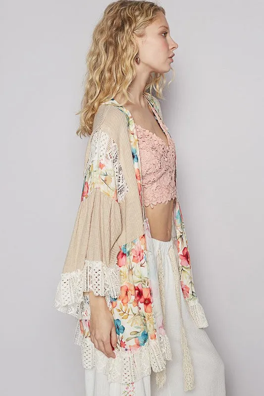 Multicolor Floral Crochet Detail Open Front Cardigan