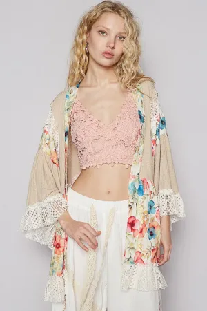 Multicolor Floral Crochet Detail Open Front Cardigan