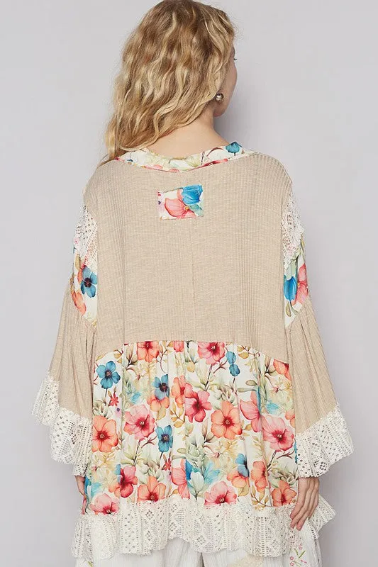 Multicolor Floral Crochet Detail Open Front Cardigan