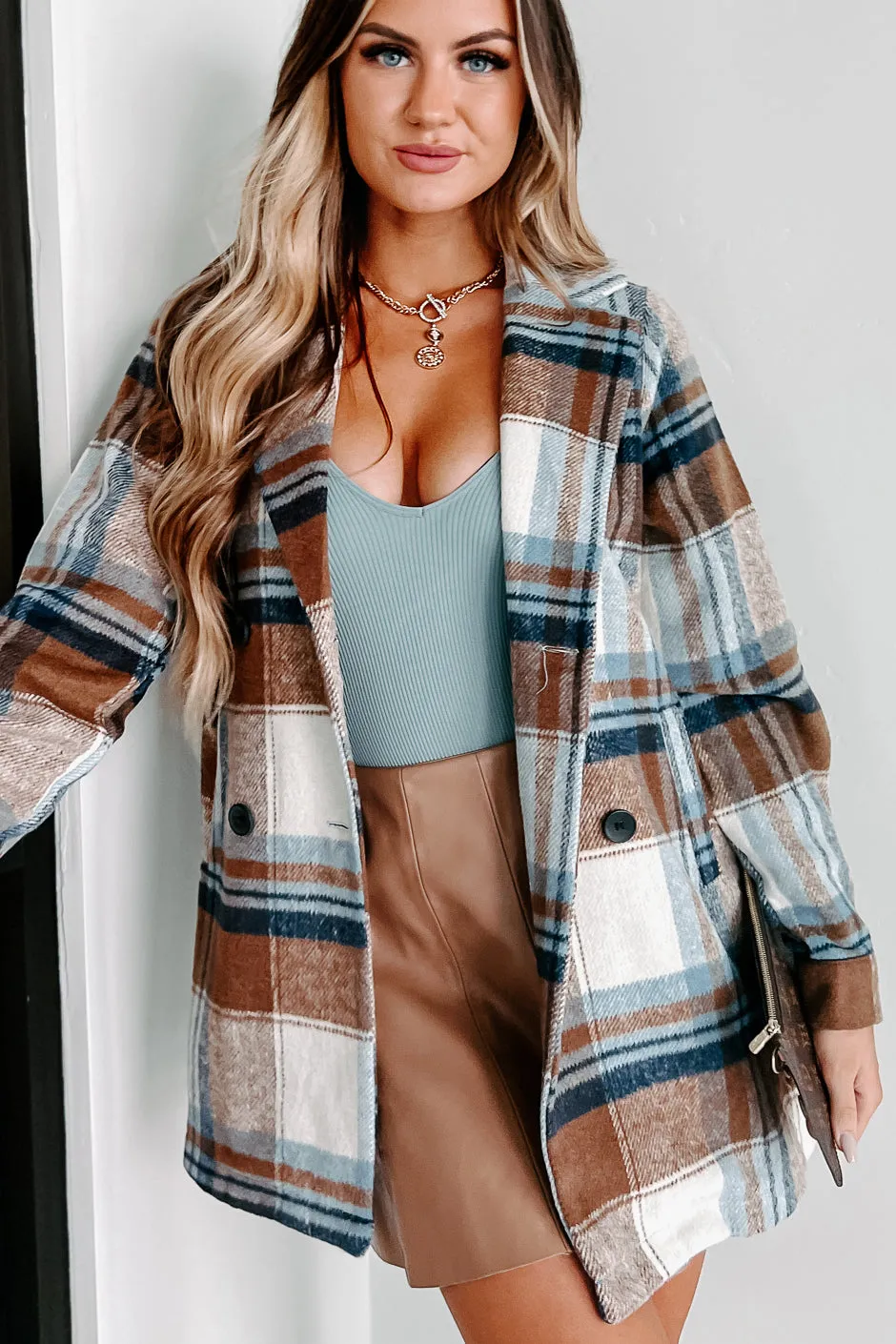 My Charming Self Plaid Blazer Shacket (Blue/Brown)