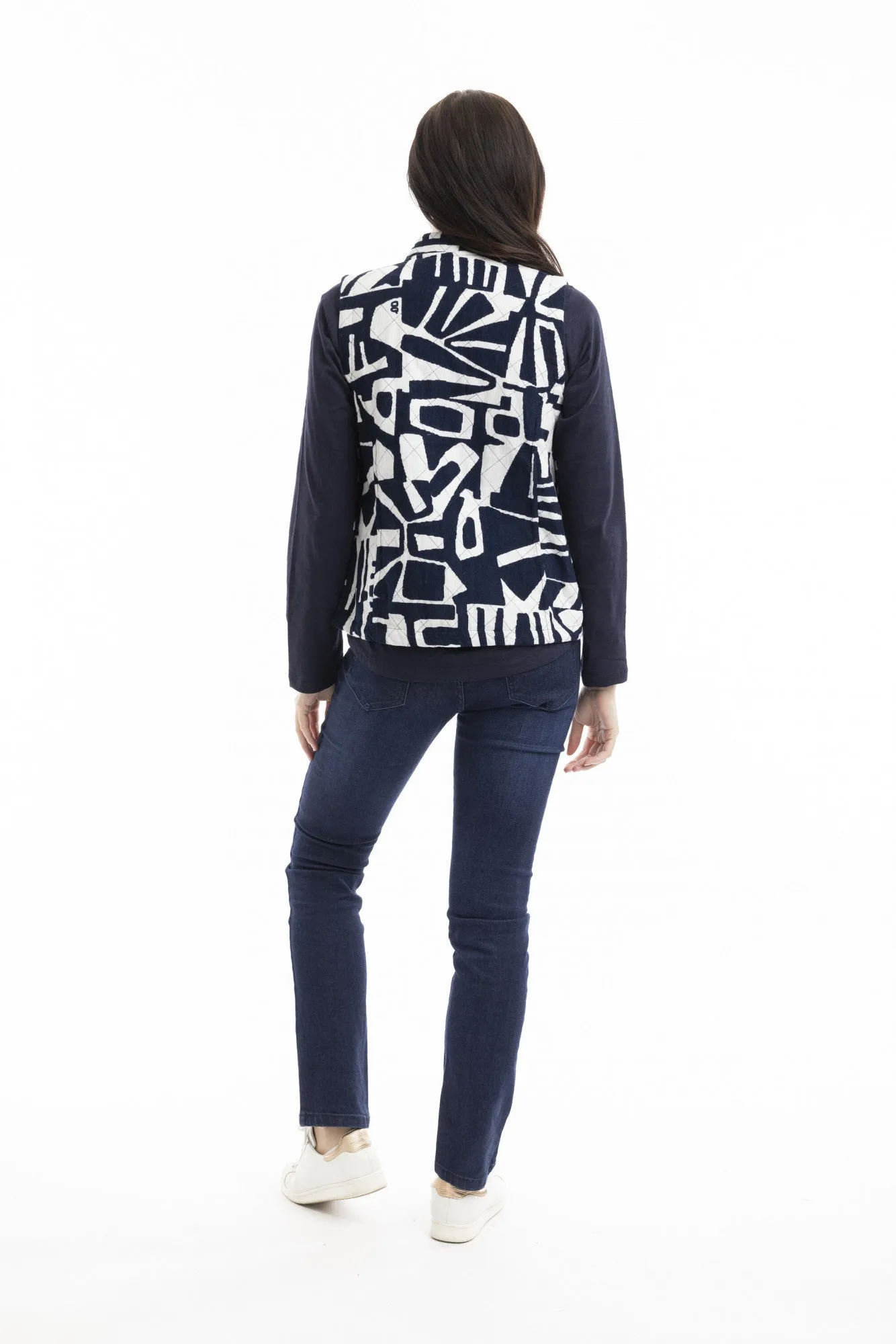 Navy Printed Cord Reversible Vest By Orientique