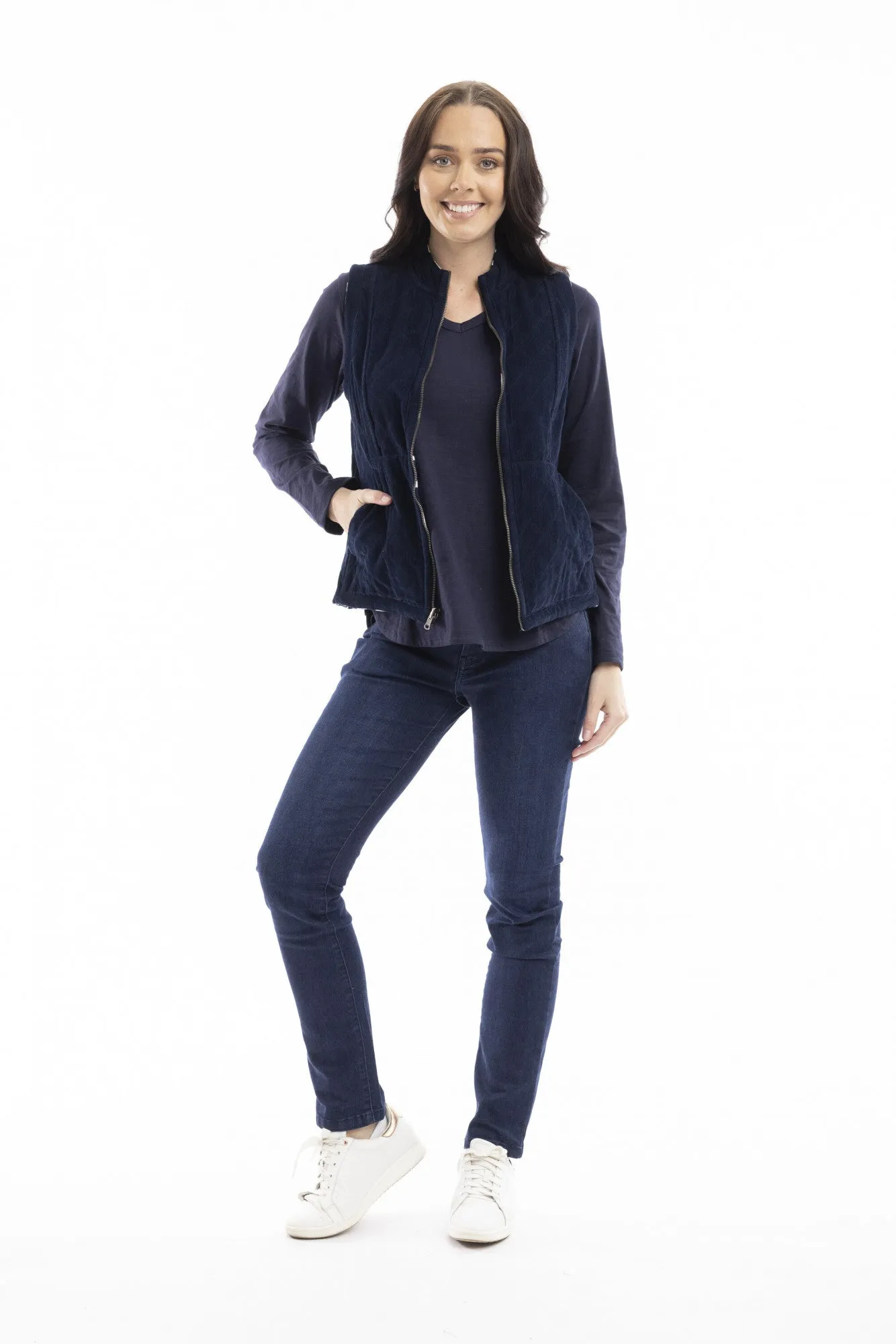 Navy Printed Cord Reversible Vest By Orientique