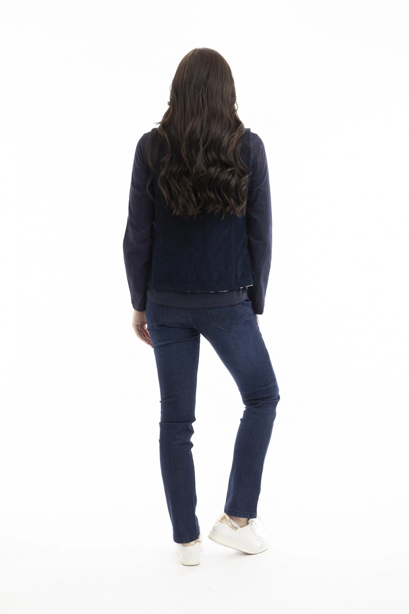 Navy Printed Cord Reversible Vest By Orientique