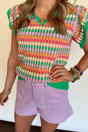 Orange Multi Flutter Sleeve Knitted Sweater Top