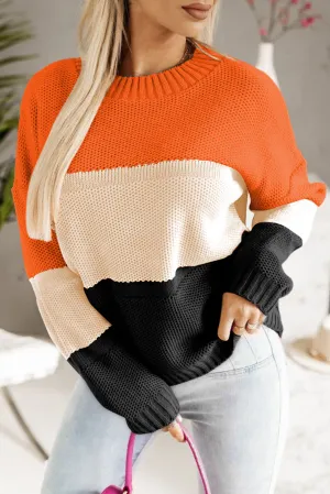 Orange Stripe Color Block Drop Shoulder Round Neck Knit Sweater