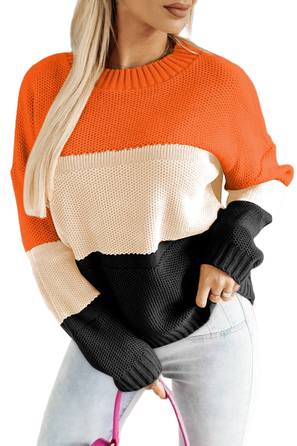 Orange Stripe Color Block Drop Shoulder Round Neck Knit Sweater