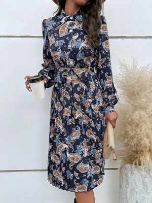 Paisley Print Long Sleeve Dress with Pleated Skirt and Belted Waist