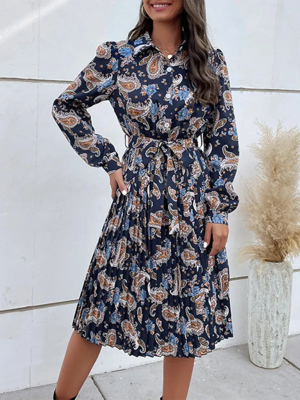 Paisley Print Long Sleeve Dress with Pleated Skirt and Belted Waist