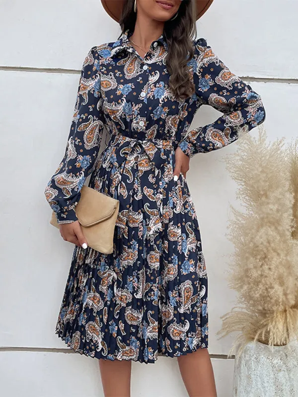Paisley Print Long Sleeve Dress with Pleated Skirt and Belted Waist