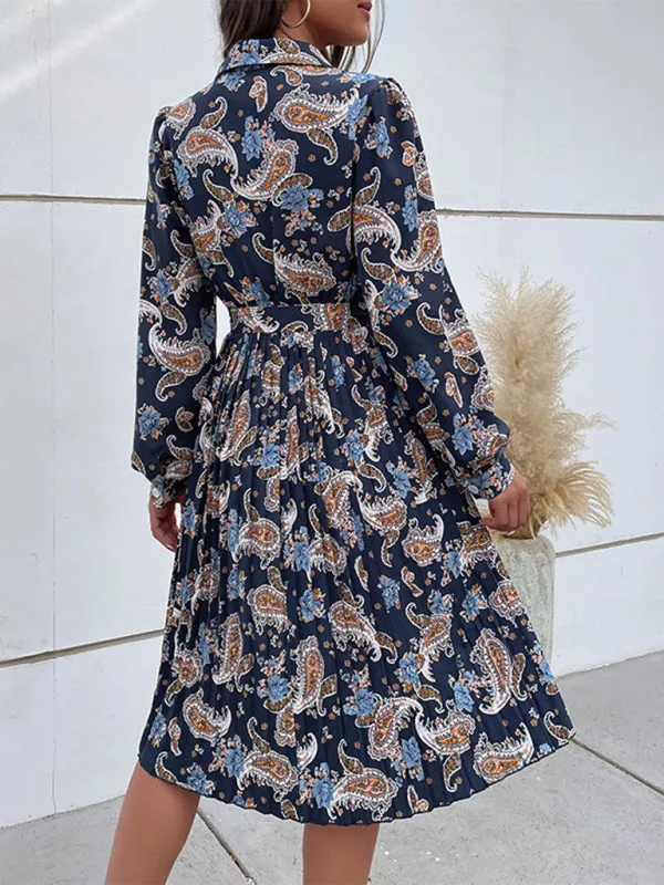 Paisley Print Long Sleeve Dress with Pleated Skirt and Belted Waist