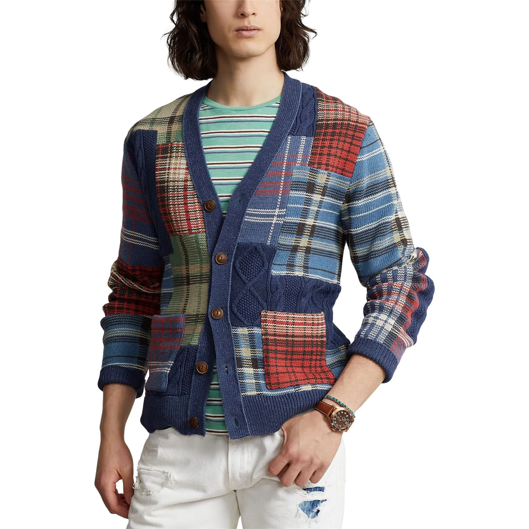 Patchwork Cotton Cardigan Navy Multi