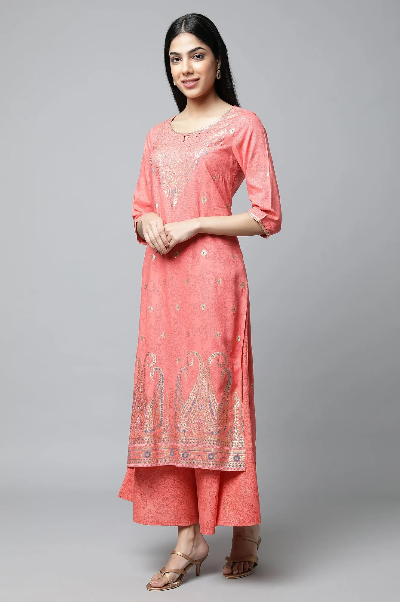 Peach Festive kurta with Culottes & Dupatta Set