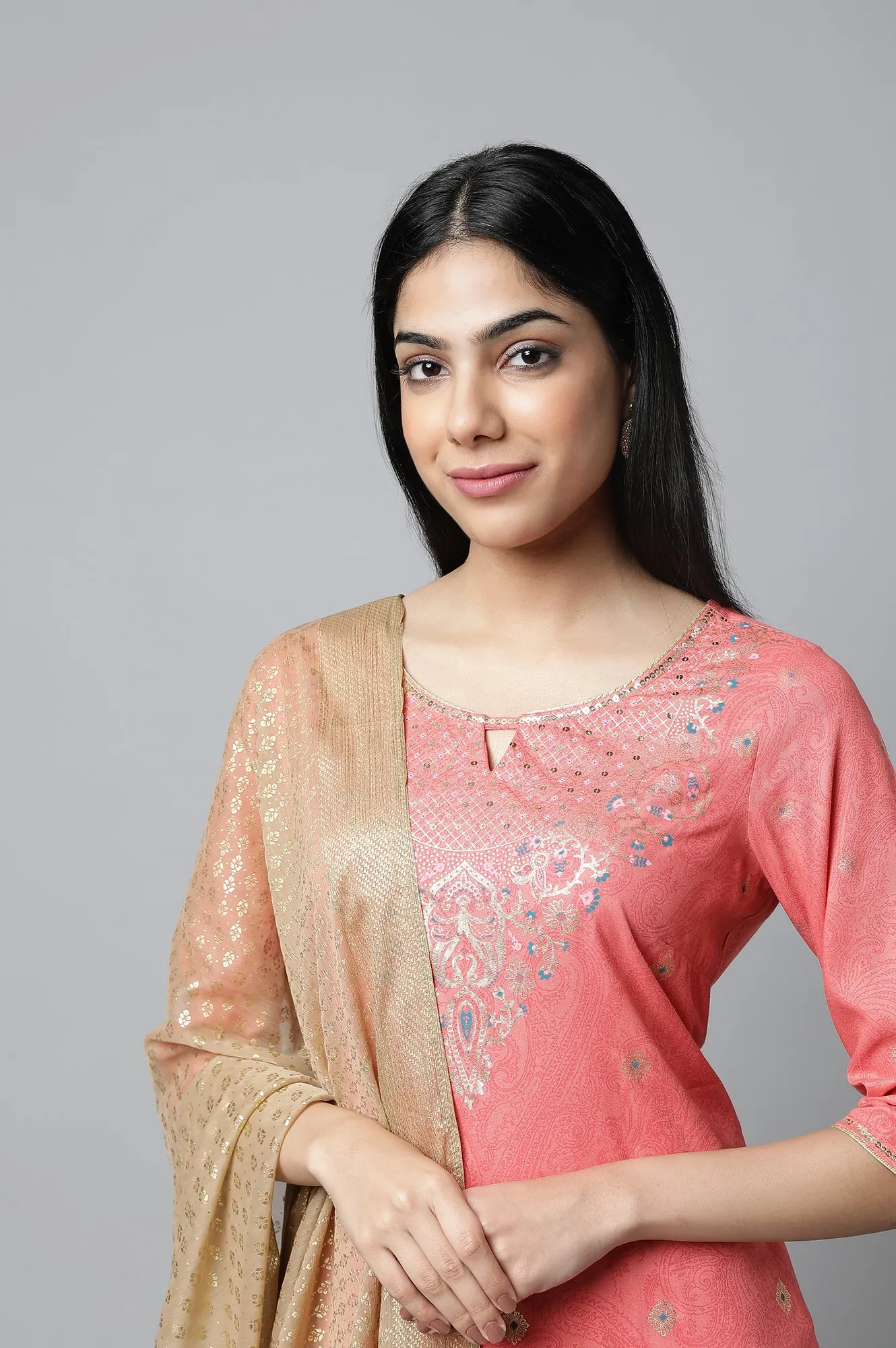 Peach Festive kurta with Culottes & Dupatta Set