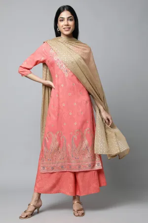 Peach Festive kurta with Culottes & Dupatta Set