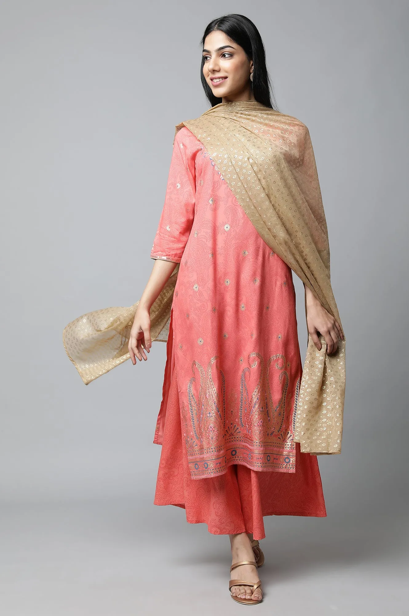 Peach Festive kurta with Culottes & Dupatta Set