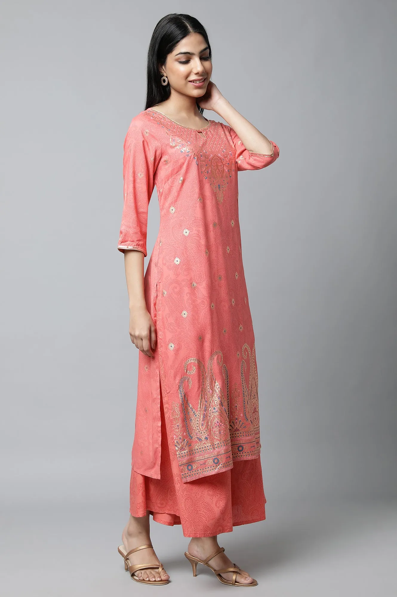 Peach Festive kurta with Culottes & Dupatta Set