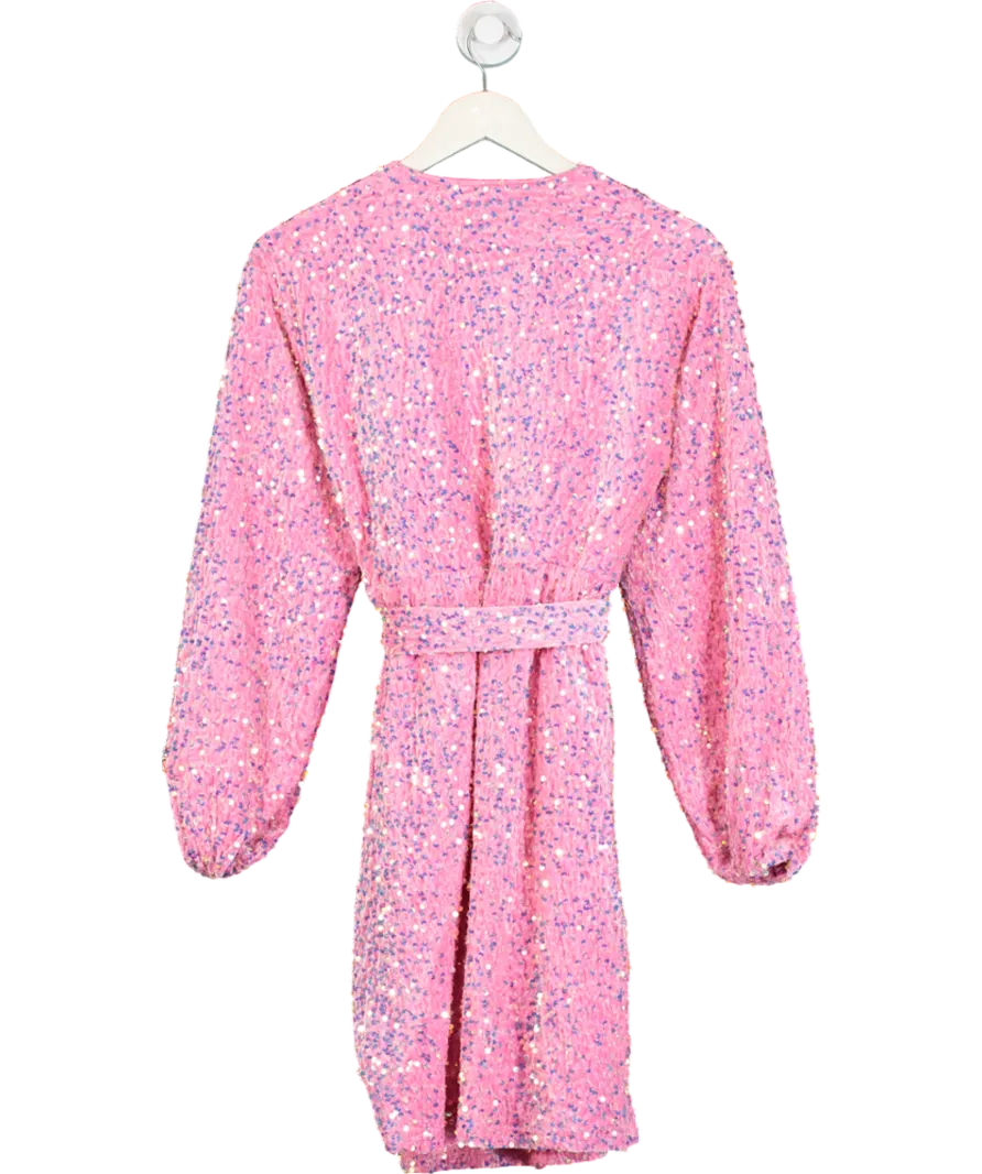 Pieces Pink Sequin Belted Wrap Mini Dress UK XS