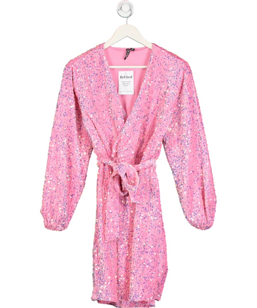 Pieces Pink Sequin Belted Wrap Mini Dress UK XS