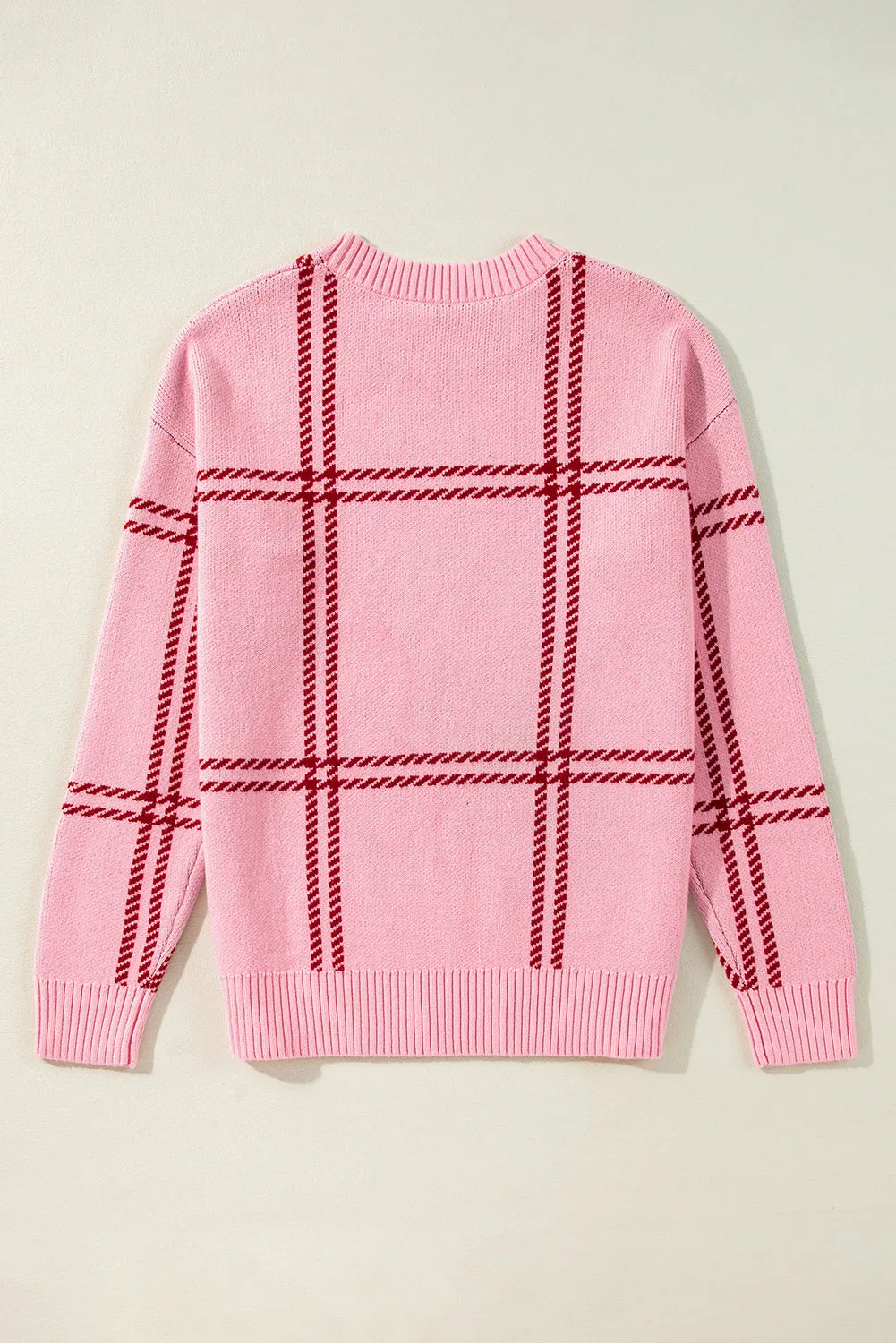 Pink Plaid Pattern Knitted Drop Shoulder Sweater