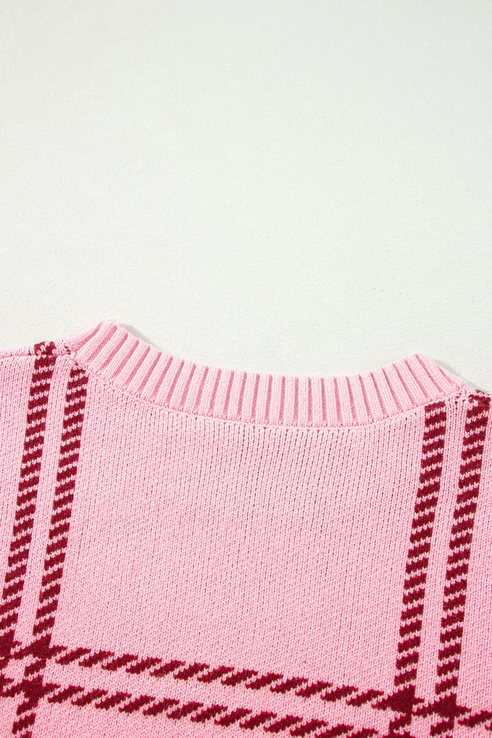 Pink Plaid Pattern Knitted Drop Shoulder Sweater