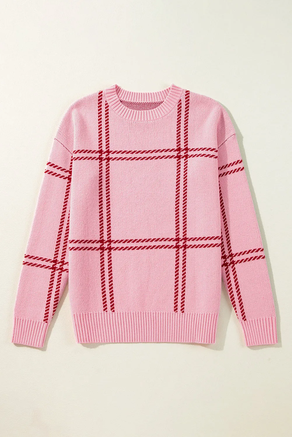 Pink Plaid Pattern Knitted Drop Shoulder Sweater