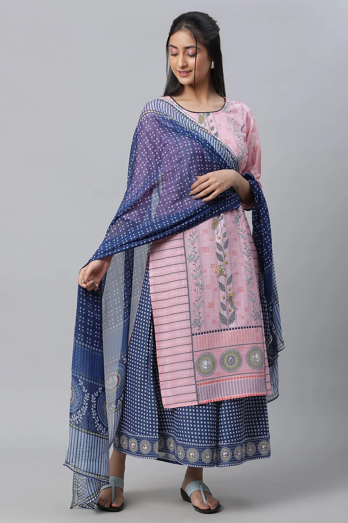 Pink Printed Kurta, Culottes & Dupatta Set