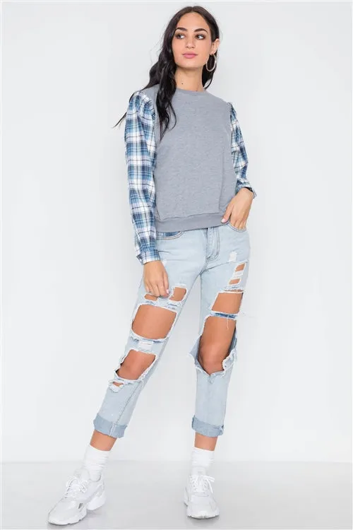 Plaid Contrast Sleeves Combo Top