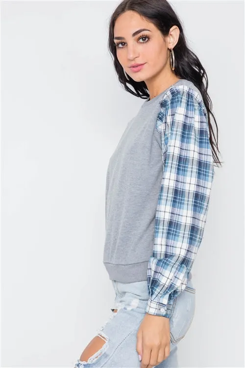 Plaid Contrast Sleeves Combo Top