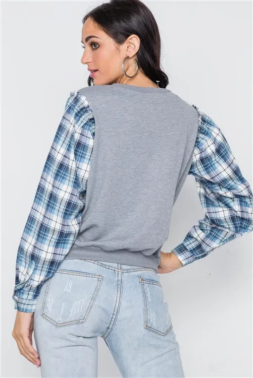 Plaid Contrast Sleeves Combo Top