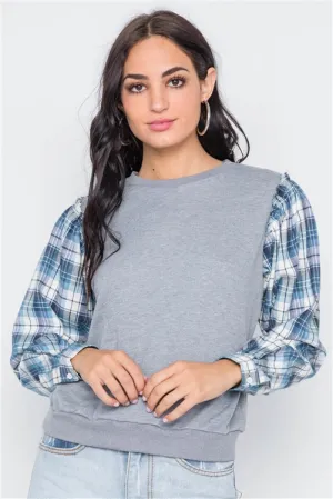 Plaid Contrast Sleeves Combo Top