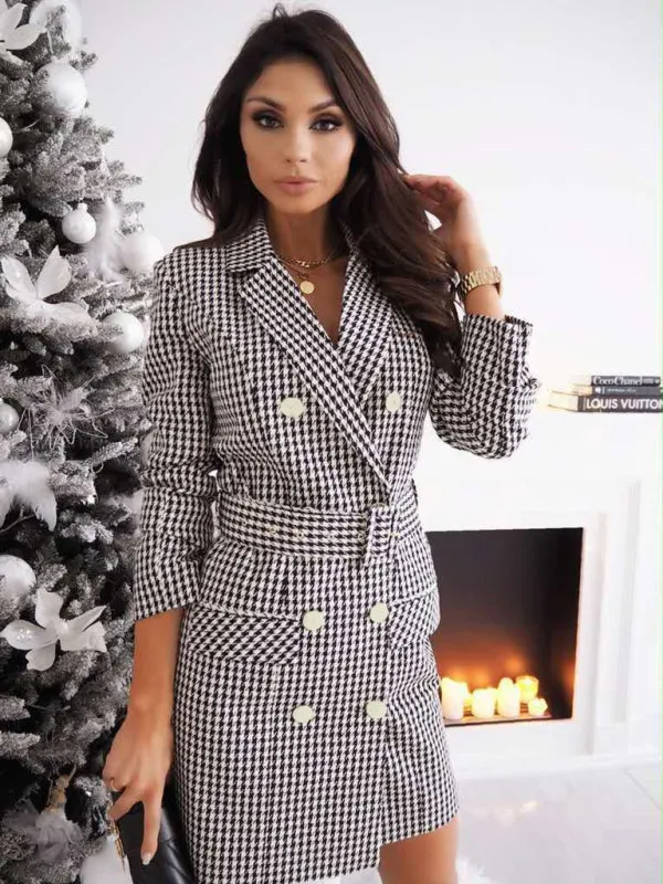 Plaid Double-Breasted Suit Dress with Belted Waist