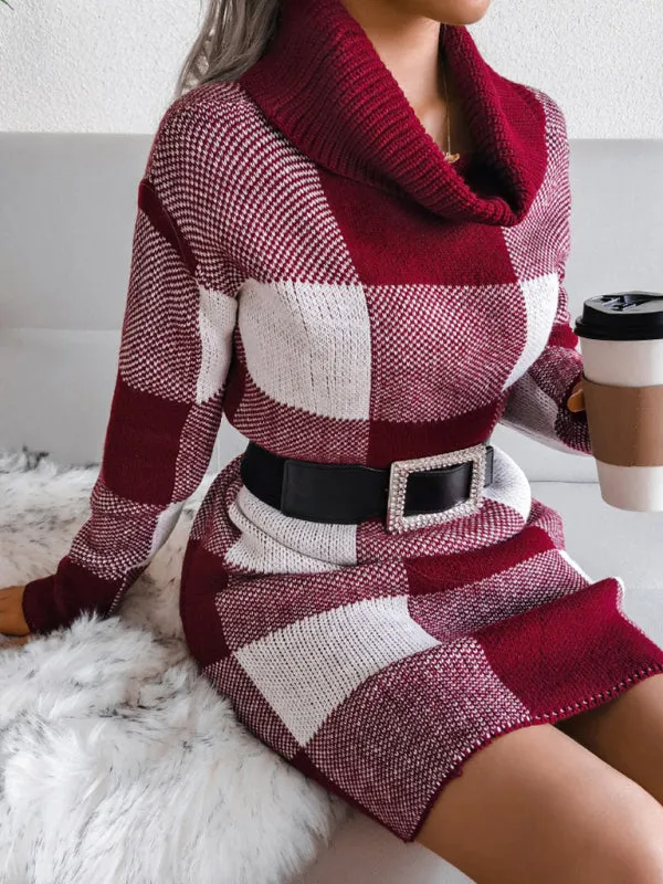 Plaid High Collar Knitted Mini Dress with Belt