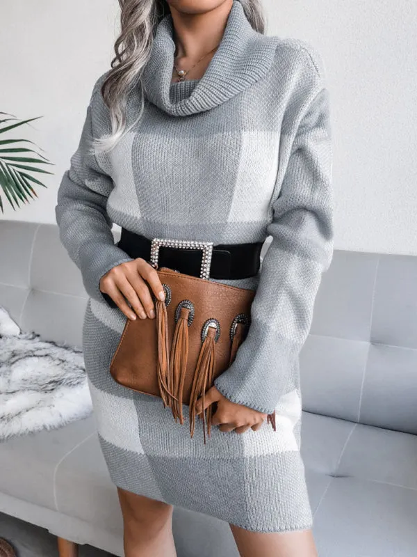 Plaid High Collar Knitted Mini Dress with Belt
