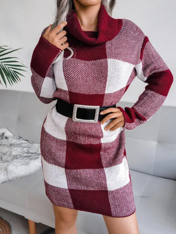 Plaid High Collar Knitted Mini Dress with Belt