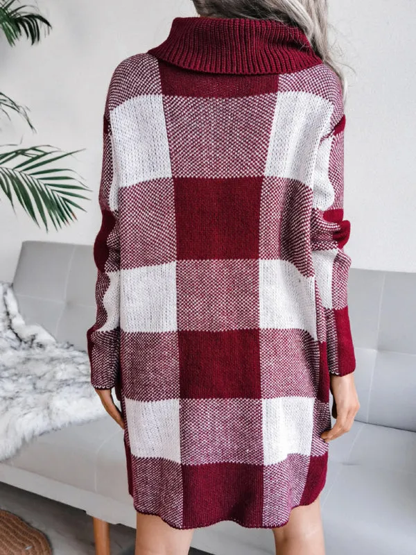 Plaid High Collar Knitted Mini Dress with Belt