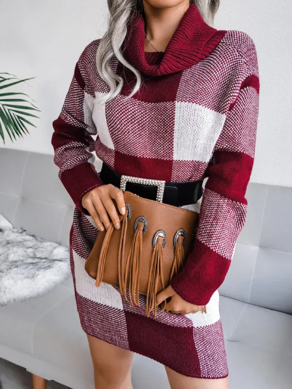 Plaid High Collar Knitted Mini Dress with Belt