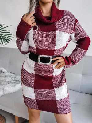 Plaid High Collar Knitted Mini Dress with Belt