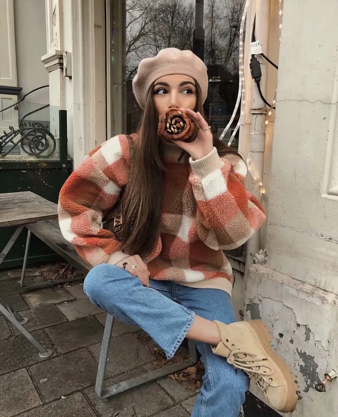 Plaid Lambswool Splicing Lantern Sleeve Hoodies Sweatshirts