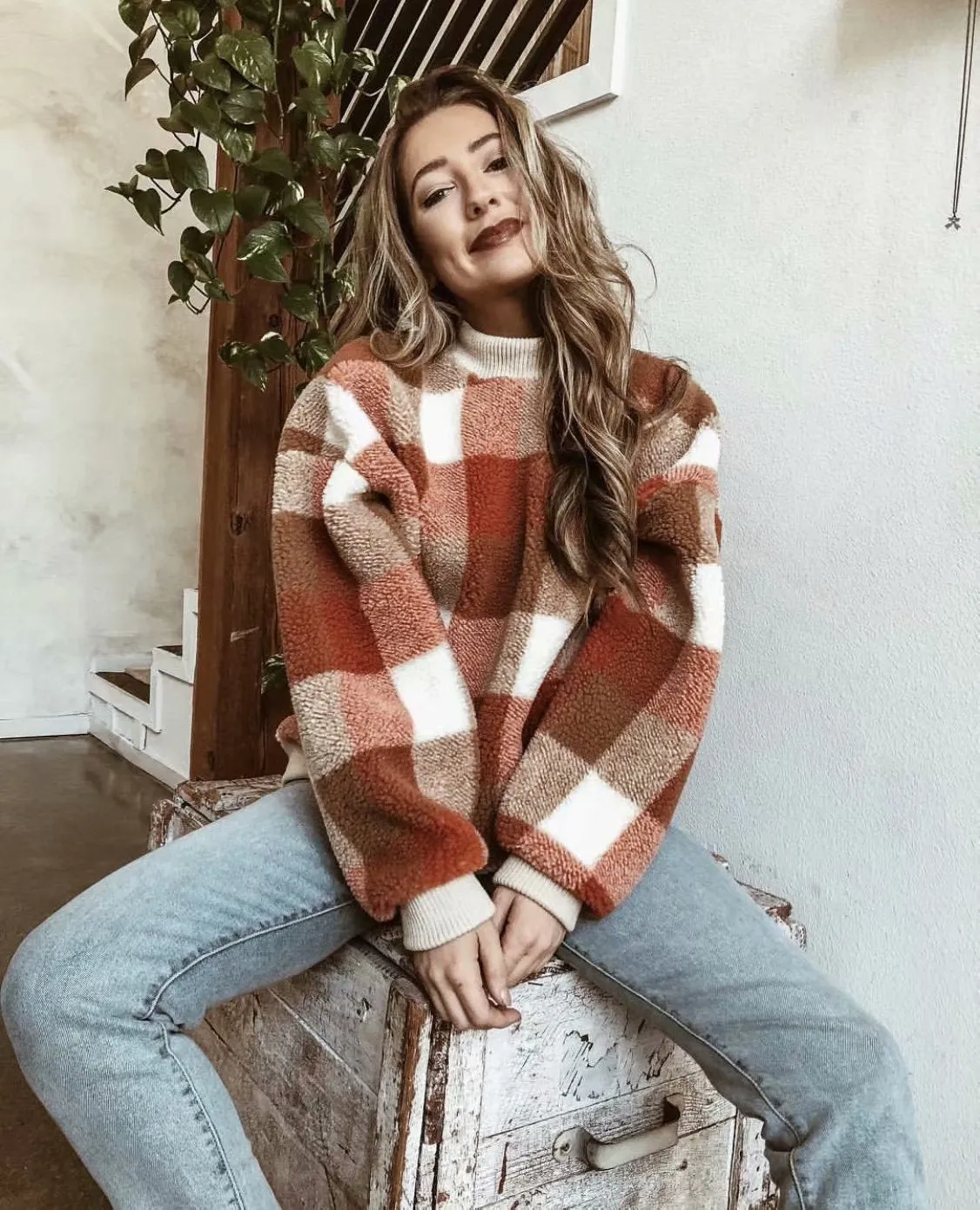 Plaid Lambswool Splicing Lantern Sleeve Hoodies Sweatshirts